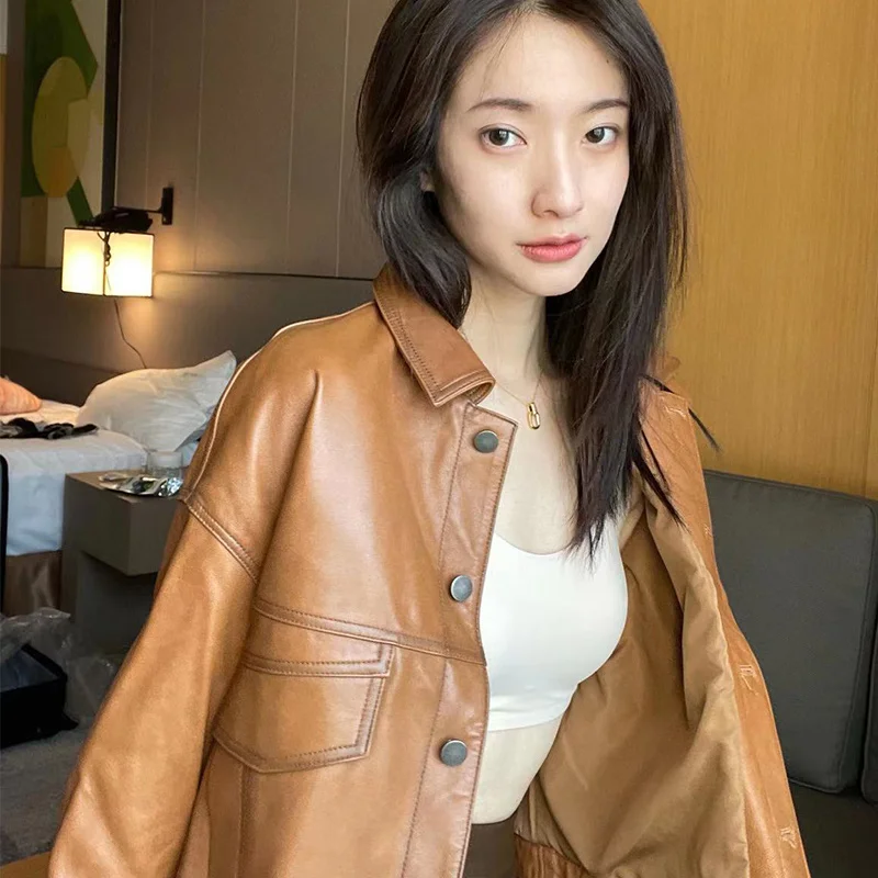 2022 Spring New Fashion Workwear Style Loose Short Sheepskin Half Plant Tanned Genuine Leather Coat Women's Lazy Style