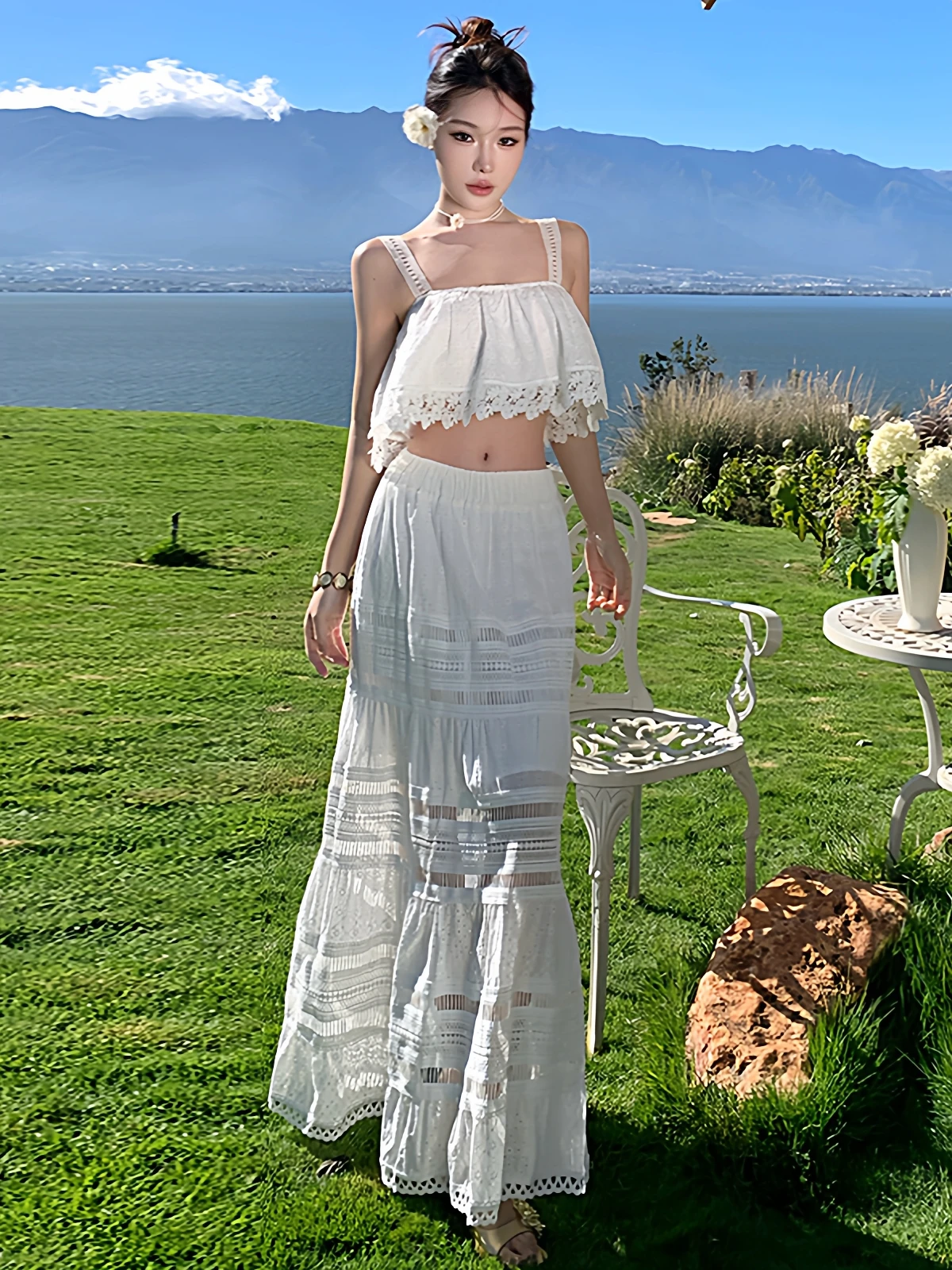 

Elegant Lace Trim Halter Top Women's Heavy Embroidery Hollow out Beach Vacation Style Fairy Set Cotton Breathable Casual Wear