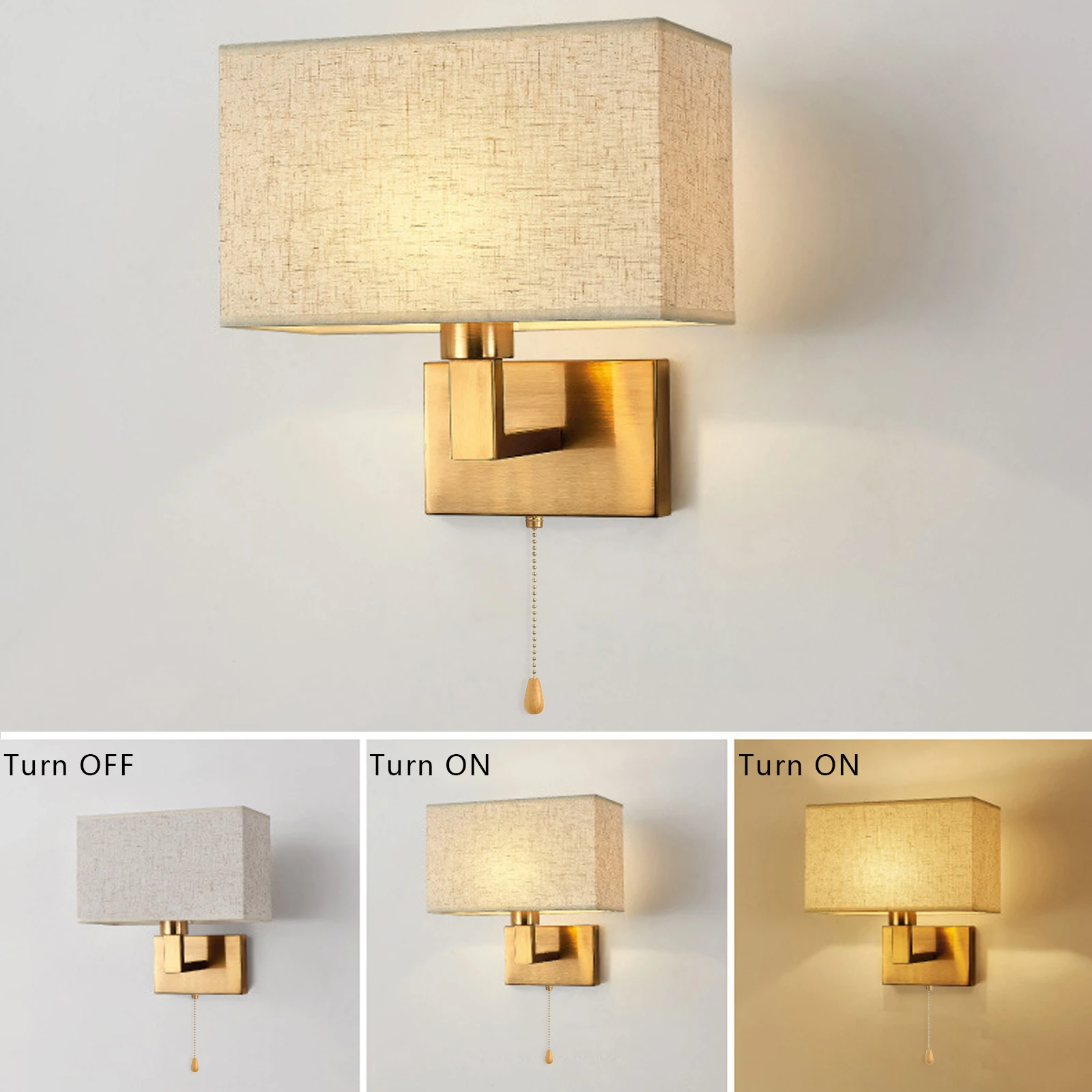 Conjunto de 2 luzes de parede Quarto Ouro com interruptor Pull, Arandelas com Sombra Tecido, Hotel e iluminação de cabeceira