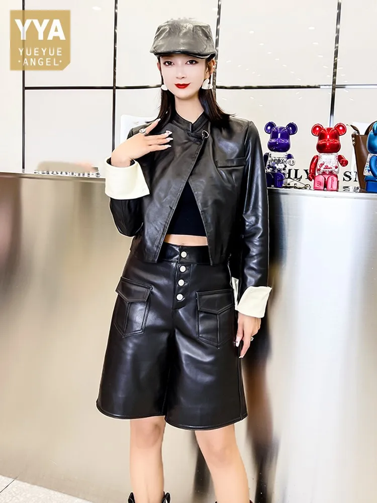 New Fashion Women Spring Short Natural 100% Sheepskin Coat Colors Panelled Sleeve One Button Loose Fit Genuine Leather Jacket