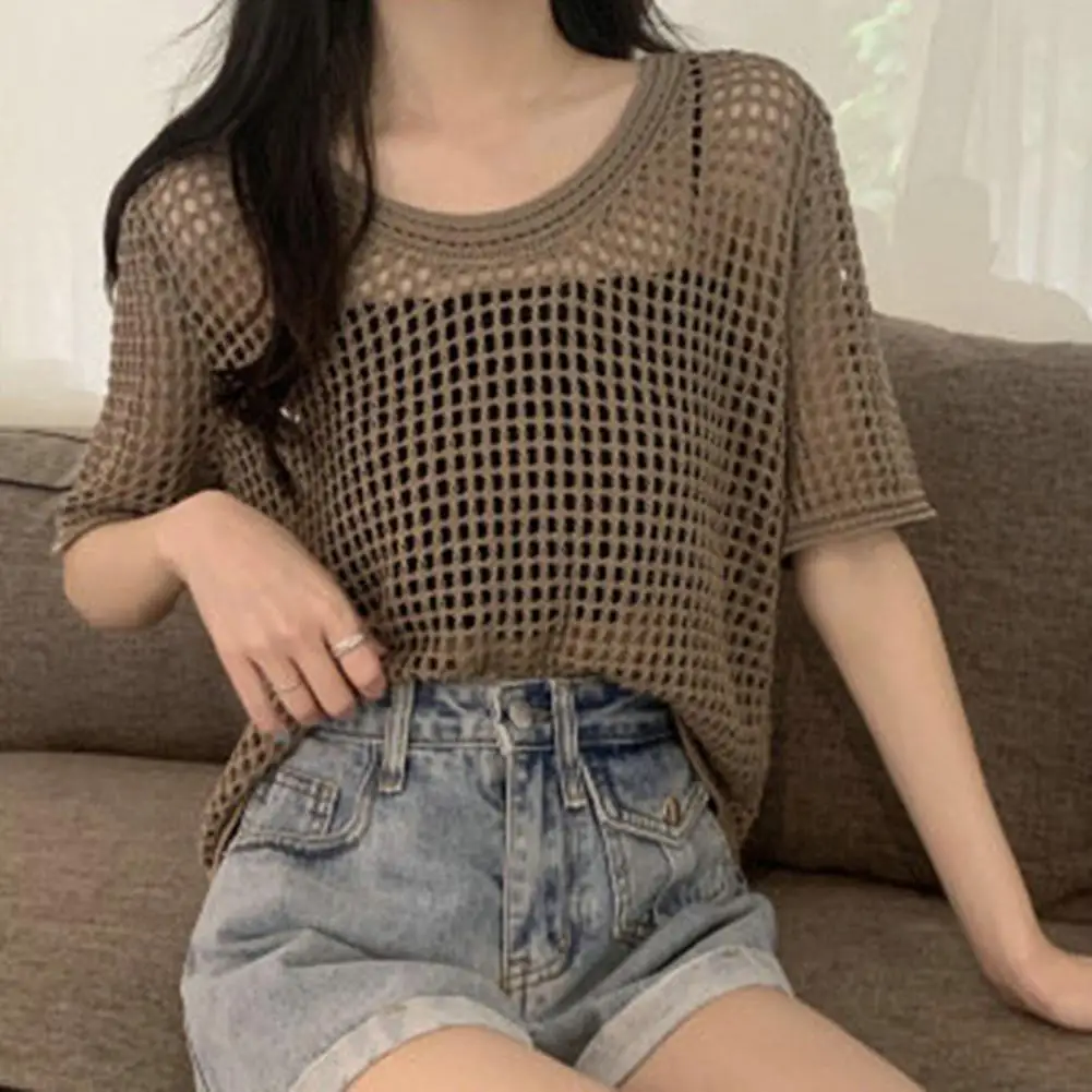 

O Neck Short Sleeve Cover Up Solid Color Thin Sunscreen Stretchy Perspective Cut Out Dance Knitting T shirt Female Clothing