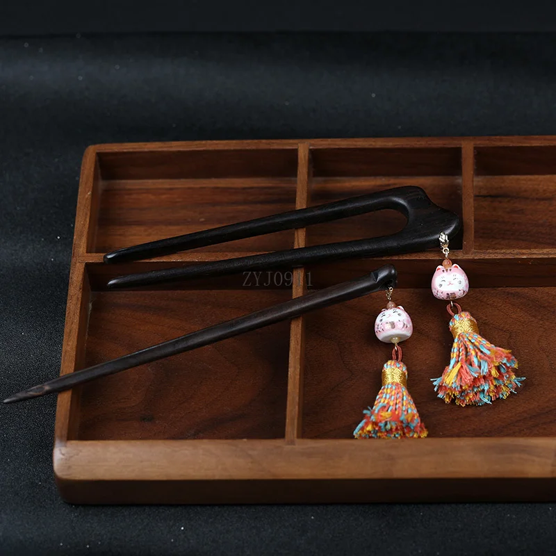 Двойная заколка для волос U-образной формы из черного дерева. Керамическая маленькая заколка для ушей. Милая двухниточная заколка для волос с мультяшным рисунком.