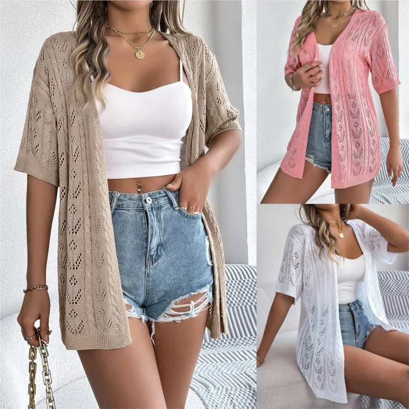 Beach Vacation 2024 Spring/Summer Solid Color Hollow Short Sleeve Knitted Cardigan Vacation Sun Protection Shirt Women\'s Wear