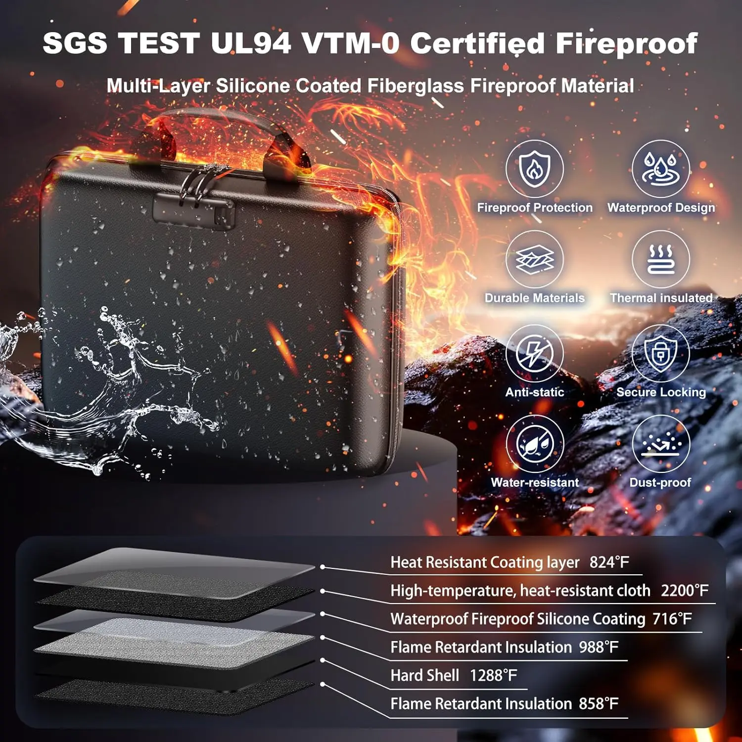 Fireproof Document Organizer with Lock, 13 Pockets, Portable Hard Case for Home Office Travel Storage