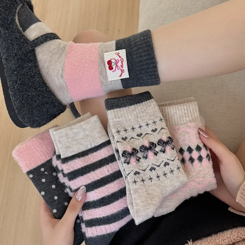 1/5 Paar Damen-Socken für Herbst und Winter mit Schleife, bequeme Mid-Tube-Socken für Zuhause, warm, modisch, vielseitig, elegant, schlicht, Damensocken