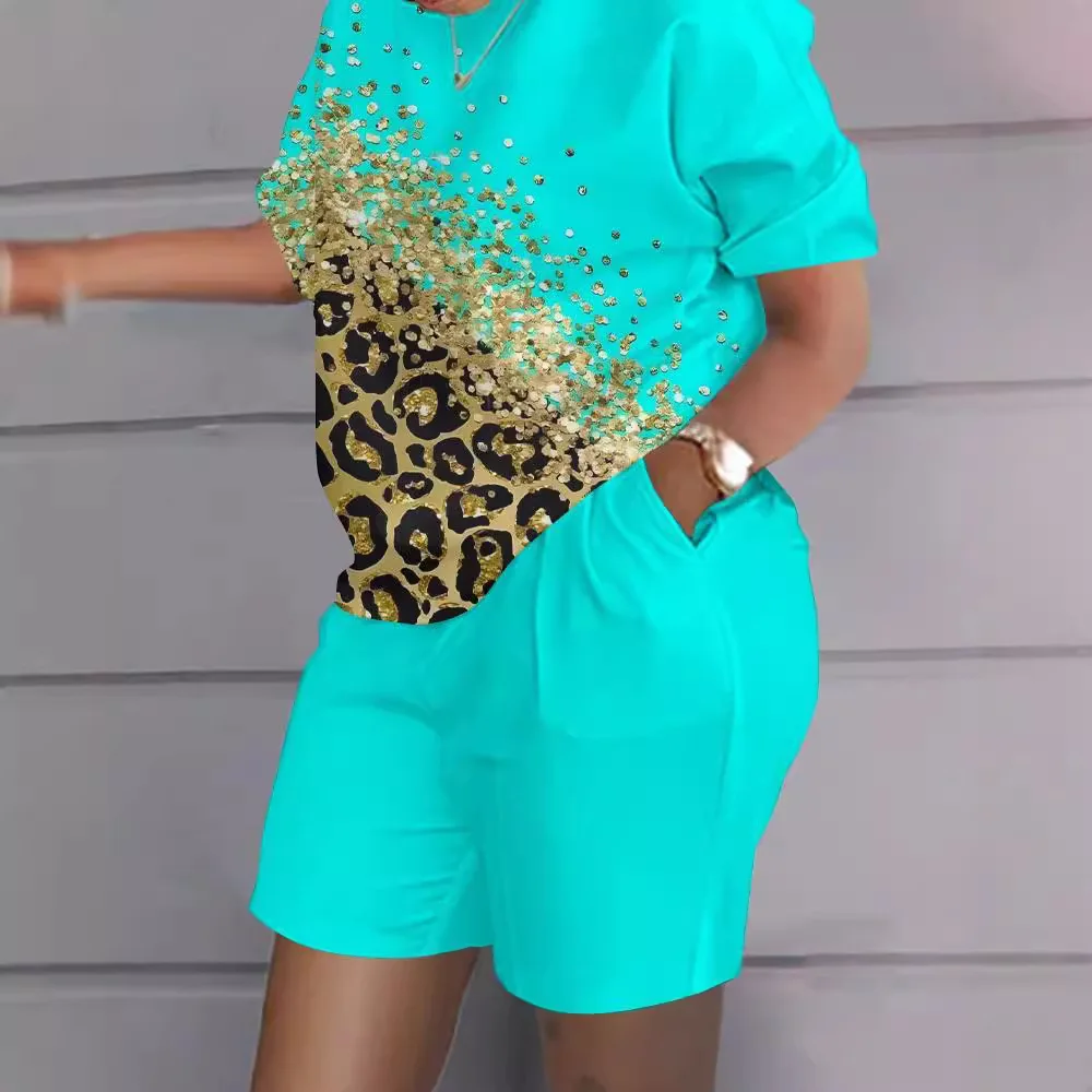 

Women Print Two Piece Shorts Sets Matching Sets Short Sleeve T Shirts Pockets Elastic Waist Trousers Y2k Tops Suits Summer 2025