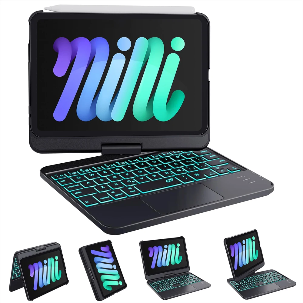 Swivel Keyboard Case for Apple iPad Mini 7th/6th Gen 8.3-inch, Compact Bluetooth Keyboard with RGB Backlit Trackpad - Kids Stude