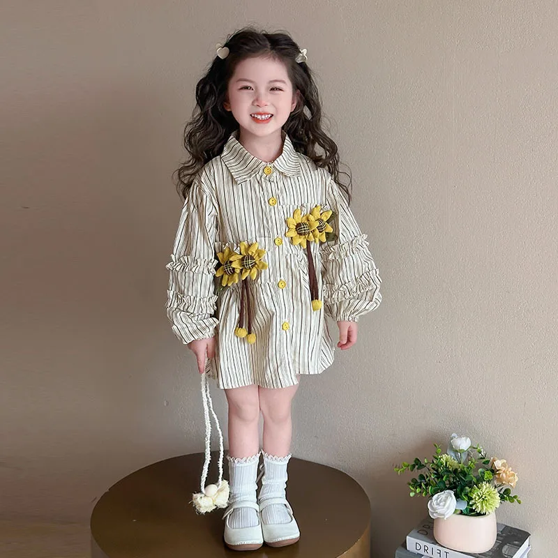 

Girls Striped Shirt Skirt Spring and Autumn2025New Children's Flower Dress Baby Girl Fashionable Skirt