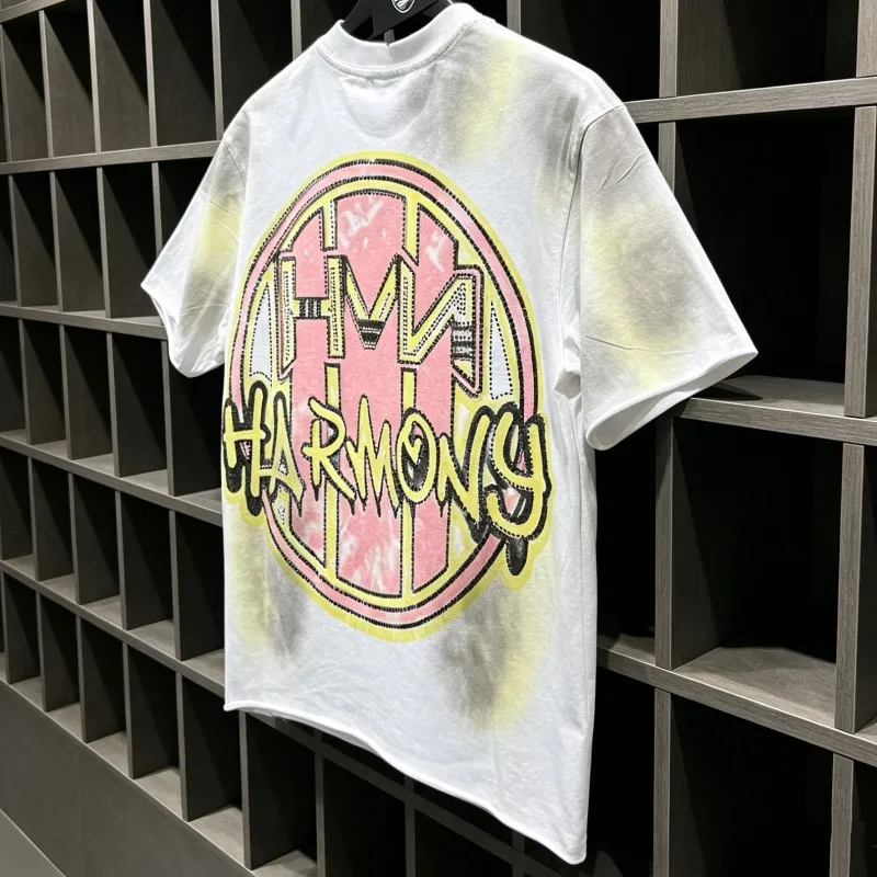 White Vintage Distressed Cut Hole HARMONY Tshirts Hot Drill Letter Ferris Wheel Graffiti Print Summer Men Women Short Sleeve Tee