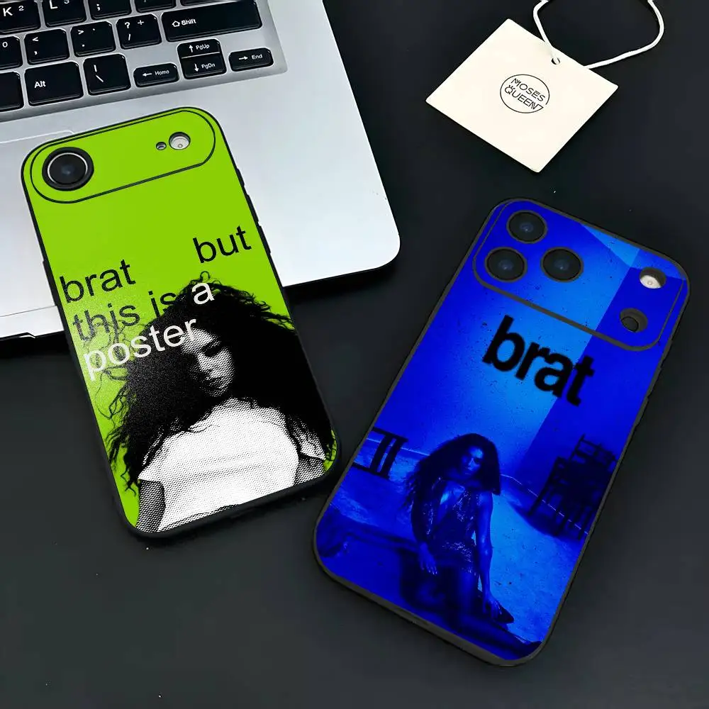 C-Charli XCX BRAT Singer Coque de téléphone Mode Noir Givré TPU Coque de téléphone pour IPhone 12-17. Conception peinte par pulvérisation UV, Anti-chute Da
