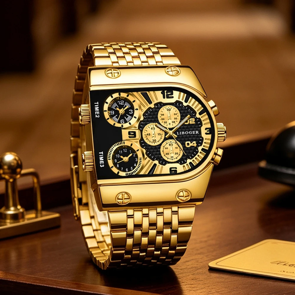 High-End Men's Quartz Watch with 3 Time Zones Stainless Steel Strap Retro Unique Versatile Business Wristwatch