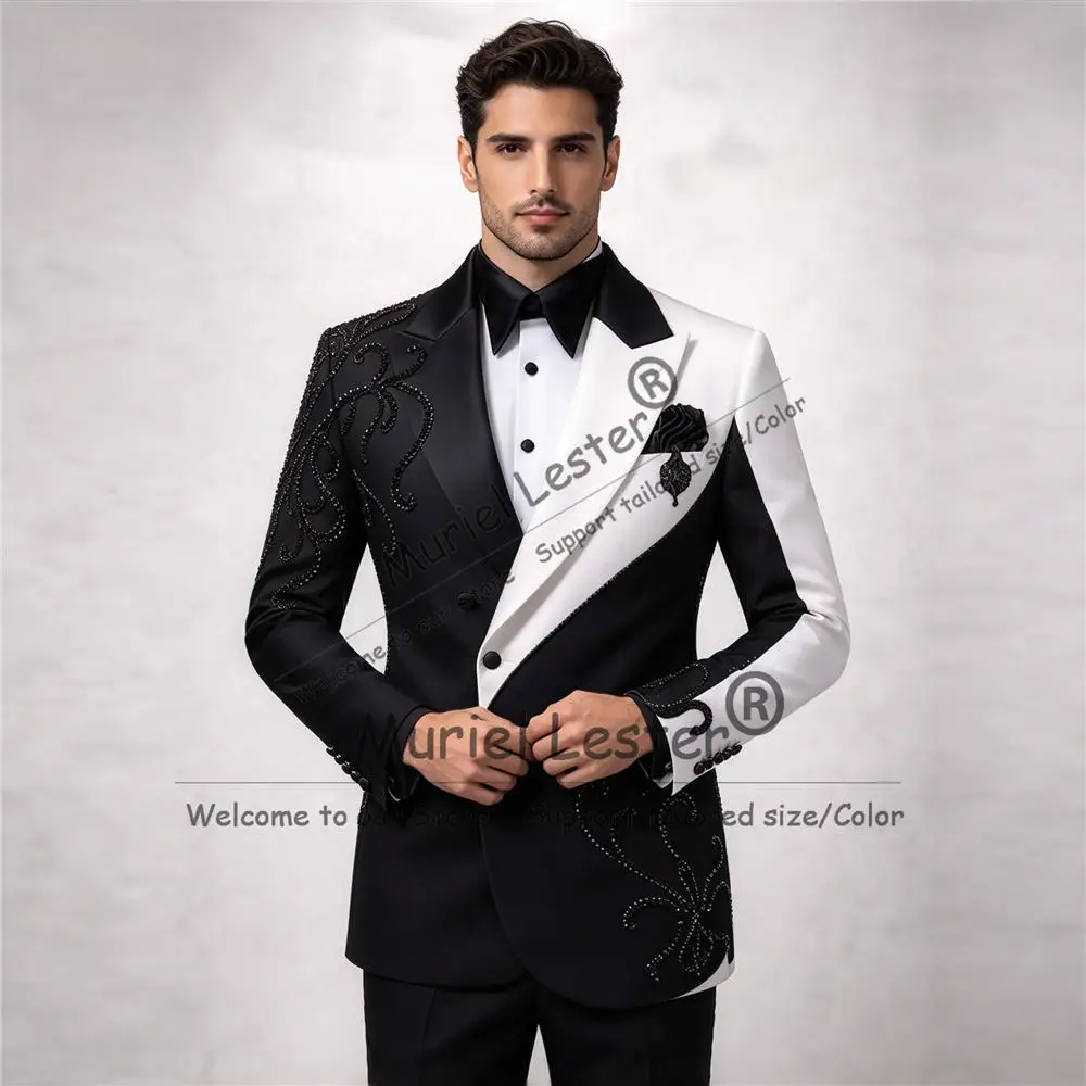 Men Fashion Patchwork Contrast Color Tuxedos Suit For Wedding Black Beaded Single Breasted Groom Dinner Party Blazer Male Outfit