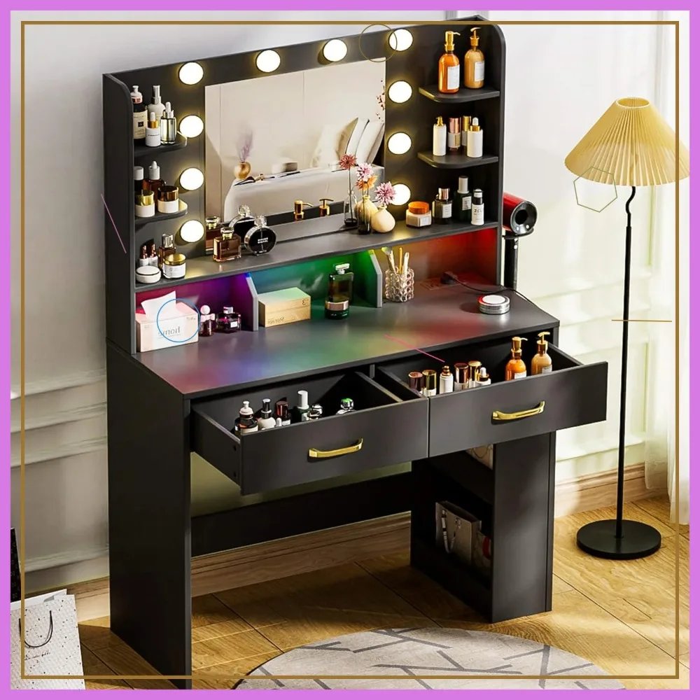 

RGB LED Vanity Desk with Lighted Mirror & Power Outlet, 3 Lighting Modes, Large Storage Dressing Table for Bedroom