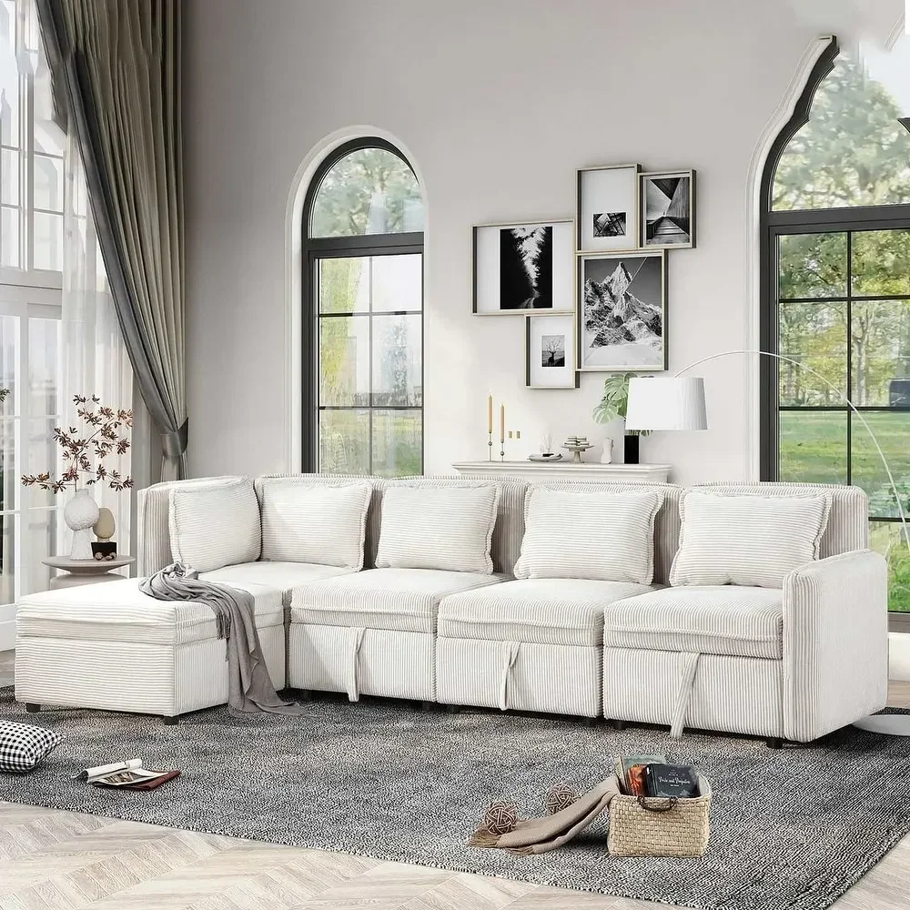 

#For Modular Corduroy Sectional, Convertible L Shaped Storage, 5 Seat Sofa Couch for Living Room, Beige