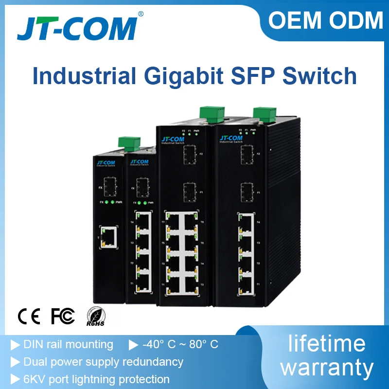 JT-COM Industrial Gigabit Fiber Optic Switch 1/2 fiber 1/2/4/5/8 eth SFP Rail DC24V Powered Optical Network Switch