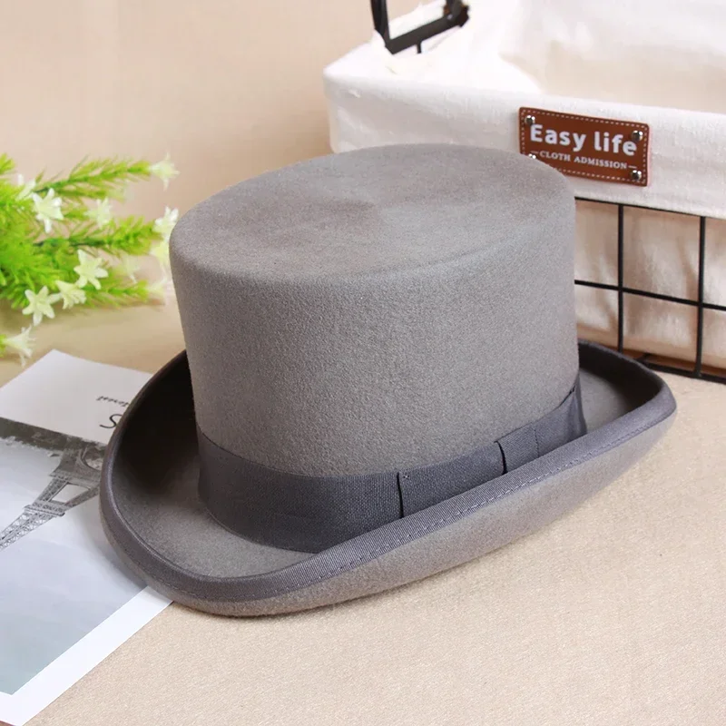 Wol Platte Man Hoge Hoed Mode Fedora Hoeden Veelzijdige Panama Goochelaar Cap Gentleman Cilinderriem Steampunk Unisex Elegant - afbeelding 1