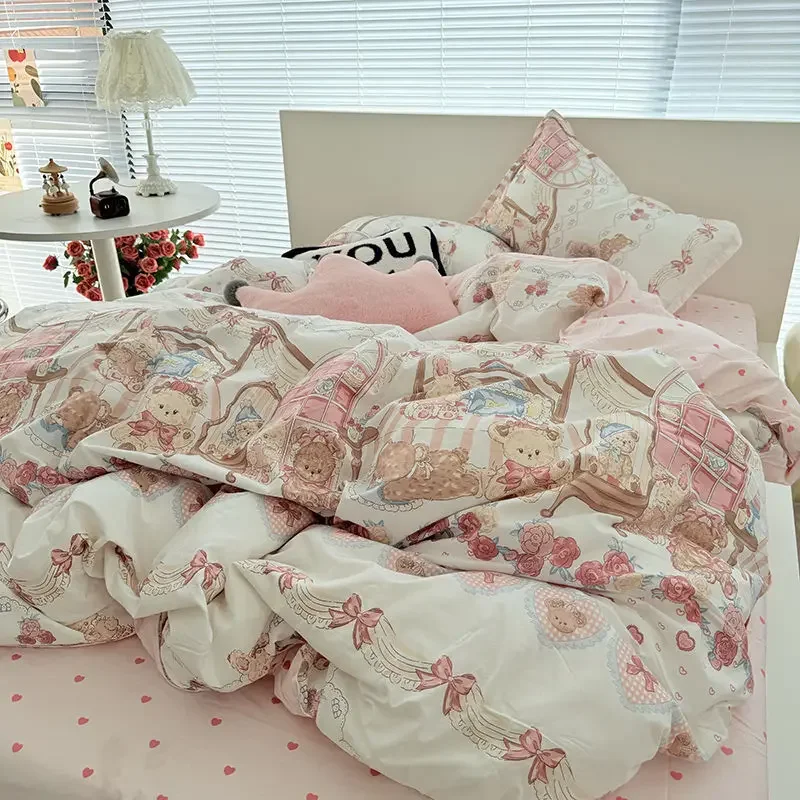 Korean Pink Bedding Set No Filler Ins Kawaii  Bear Floral Bed Sheet Duvet Cover Pillowcases Full Queen Size Kids Girls Bedspread