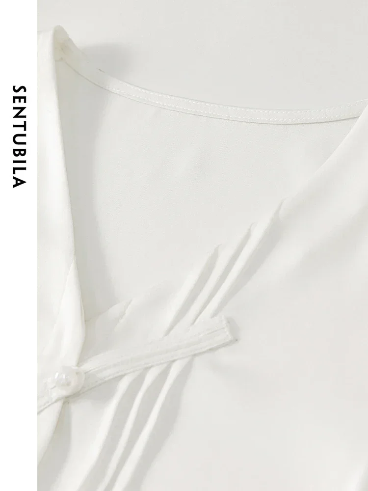 SENTUBILA Donna Elegante Camicetta Bianca 2025 Primavera Scollo a V Perla Fibbia Pieghe Manica Lunga Donna Top Donna Vestiti 143V55443