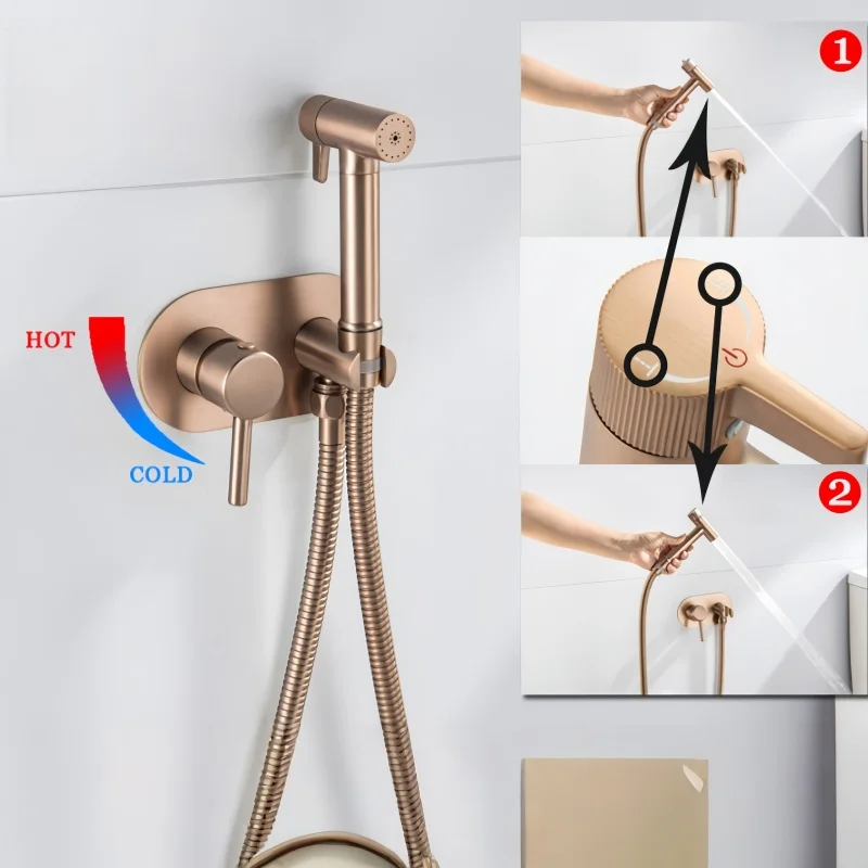 Portable Bidet Sprayer Set Black Spray Toilet Faucet Brass Hot Cold Water Mixer Bathroom Shower Head Douche Kit Brushed Gold