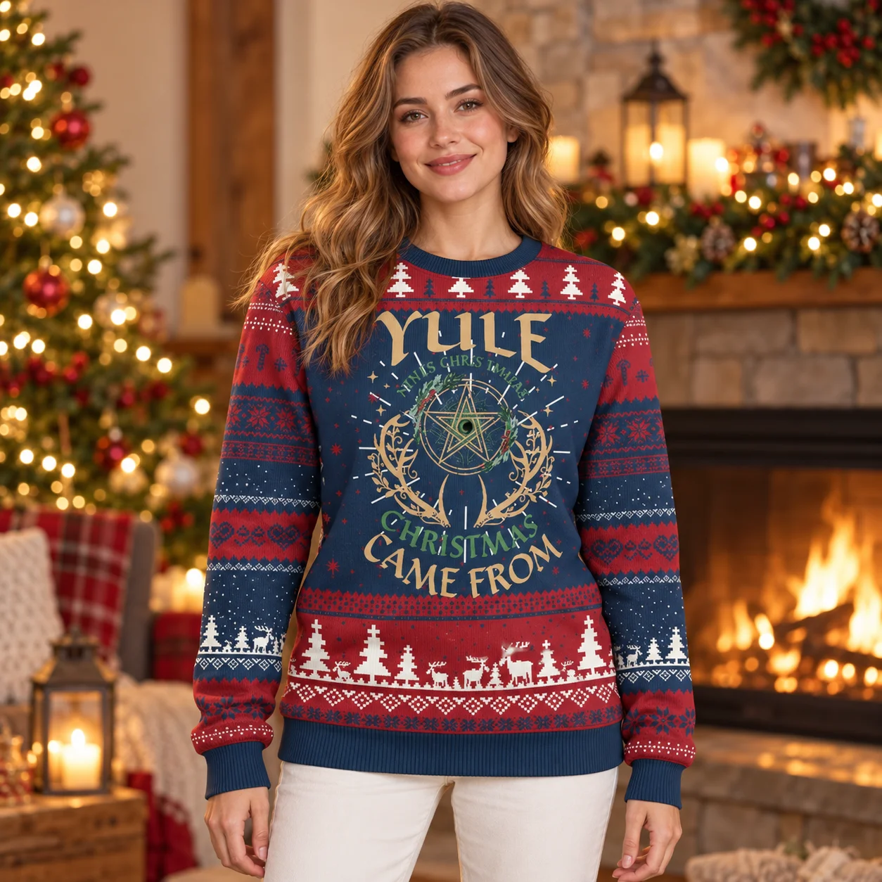 Viking Inspired Winter Artwork on an Ugly Christmas Sweater Yule Theme Long Sleeve Sweaters for Christmas Holiday Outfits