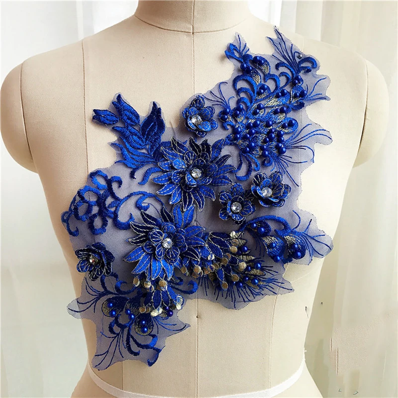 1 Piece Flowers Beaded Lace Patch Applique Embroidery Sewing On Repair For Dress Clothing Costume 37*24CM