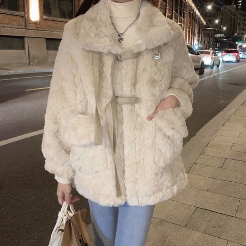 Rimocy Korean Style Lamb Wool Jackets Women 2024 New All-Match Loose Furry Coat Ladies Fashion Streetwear Pockets Plush Coats