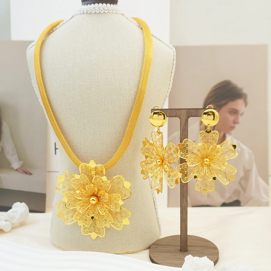 9999 Gold Flower Jewelry Computer Parts Bride Necklace Earrings Pendant Luxurious Jewelry