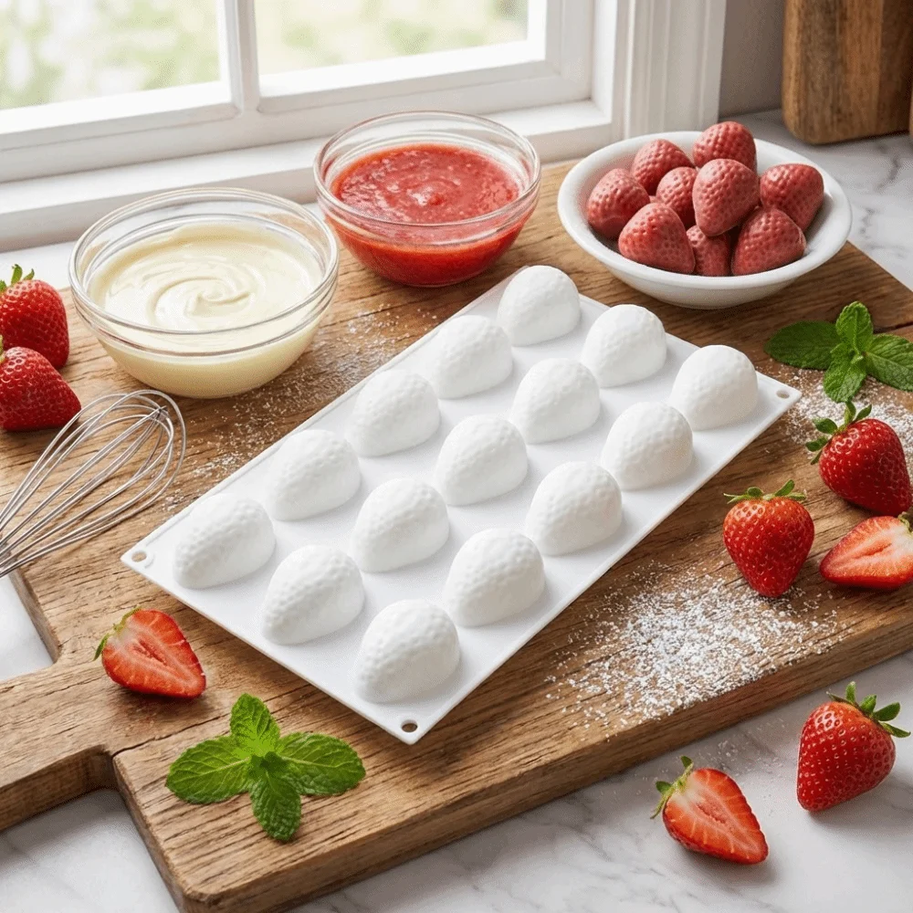 

15 Cavities Trawberry Mousse Cake Mold Realistic Fruit Reusable Fruit Silicone Mold 3D Design Food Grade Candy Cookie Mould