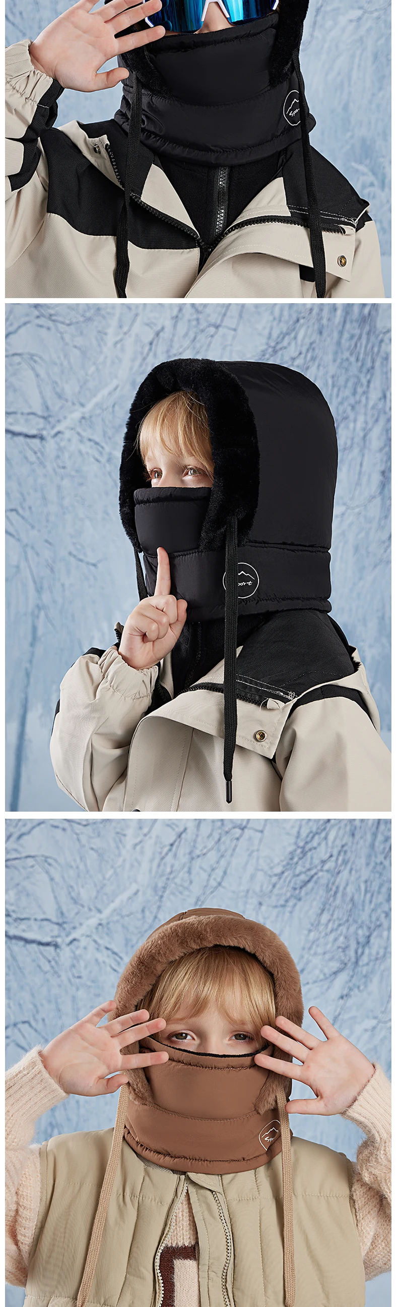 Winter-Fahrradmütze, warmer Schal für Kinder, Gesichtsmaske, integriert, kältebeständig, winddicht, Kopfbedeckung, verdickter Samt-Nackenschutz – Detail 7