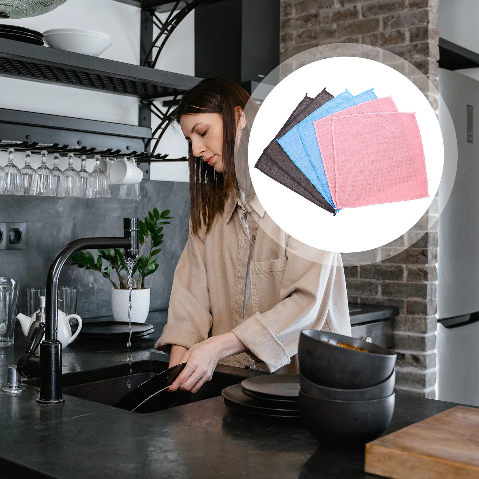 

6pcs Dishwashing Towels Kitchen Waffle Weave Cleaning Cloth Reusable Oil Resistant Scrub For Dish Cooktop Pan Washing