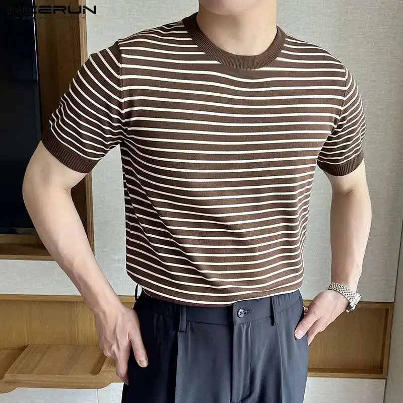 INCERUN Tops 2024 Korean Style Fashion Men Contrast Striped Design T-shirts Casual Simple All-match Short Sleeved Camiseta S-5XL