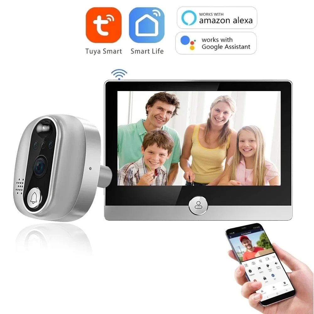 Caméra de sonnette numérique Tuya Smart Home, judas de porte, caméra de sécurité, WiFi, vidéo, visionneuse Alrxa, 1080P