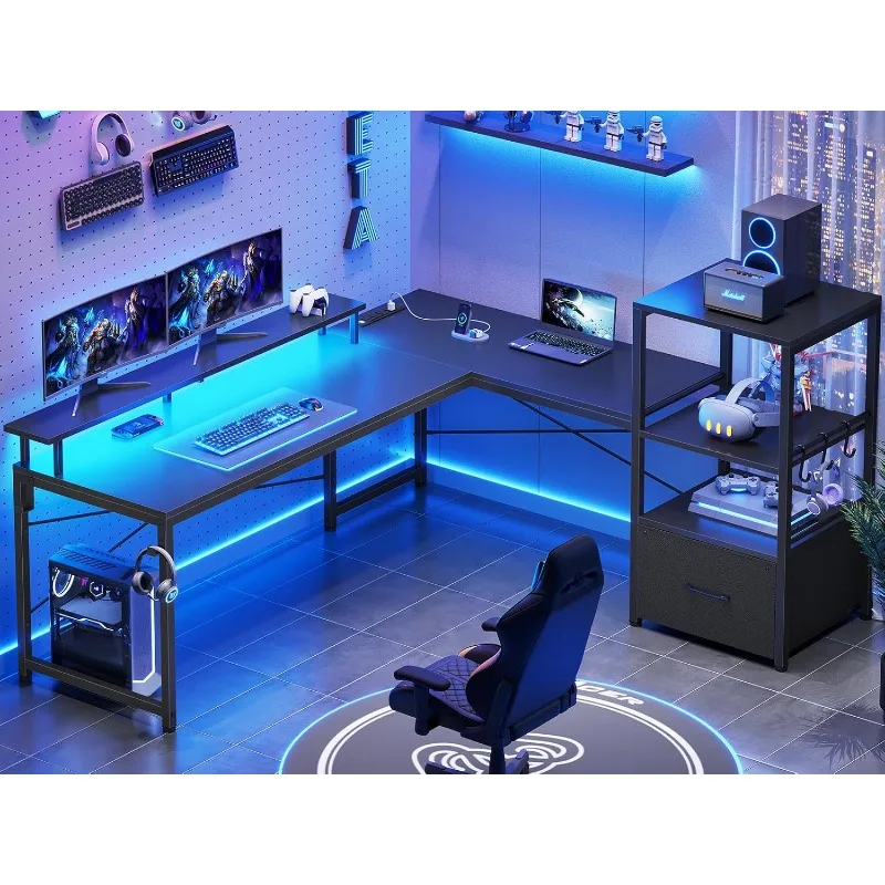 L Shaped Gaming Desk, with Storage Shelves, with Power Outlets & LED Lights, Fabric Drawer, Monitor Stand and Hooks, Black