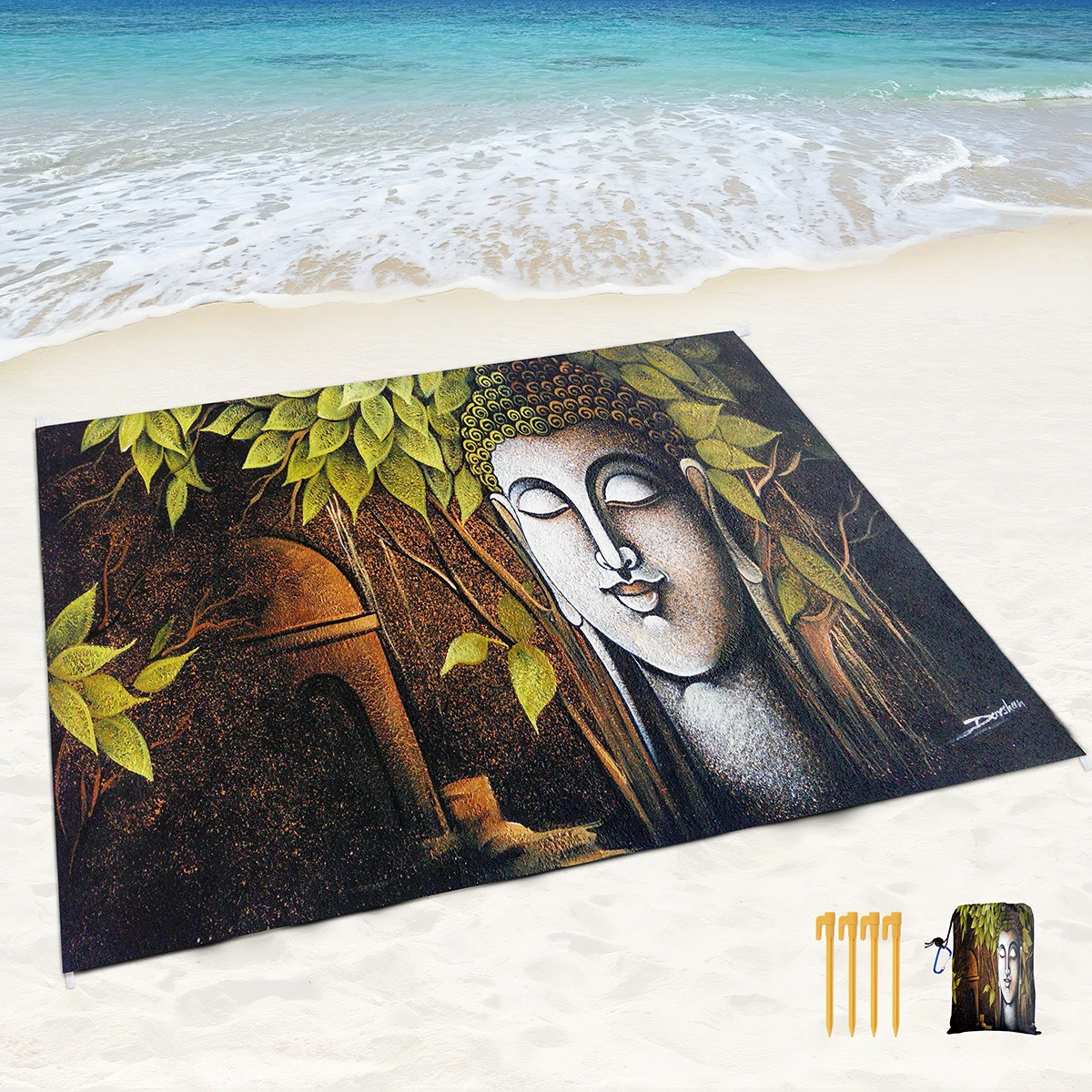 Buddha Statue Beach Blanket Sand Proof Lightweight Soft Blanket with Corner Pockets and Mesh Bag for Beach Party,Travel,Camping