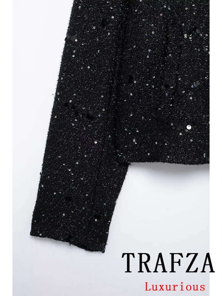 TRAFZA Vintage Casual Chic Women Blazer Sequined O-Neck Long Sleeve Blazer New Fashion 2024 Autumn Winter Office Lady Blazers