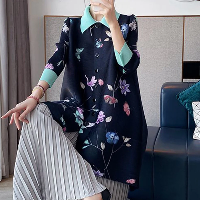 Folded 2024 Autumn New Chinese Butterfly Print Chinese Style Retro Dress Elegant and Loose  maxi dress