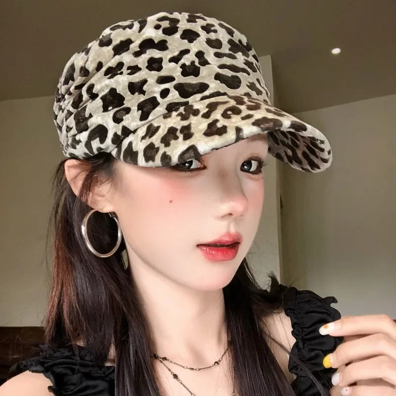 Women's Vintage Leopard Print Pleated Newsboy Cap Flat Top Equestrian Hat Slim Face