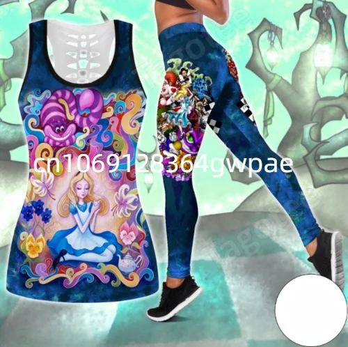 Cheshire Cat Women\'s Cutout Tank Top Leggings Yoga Set Summer Fitness Leggings Tracksuit Disney Hollow Tank Top Leggings Set