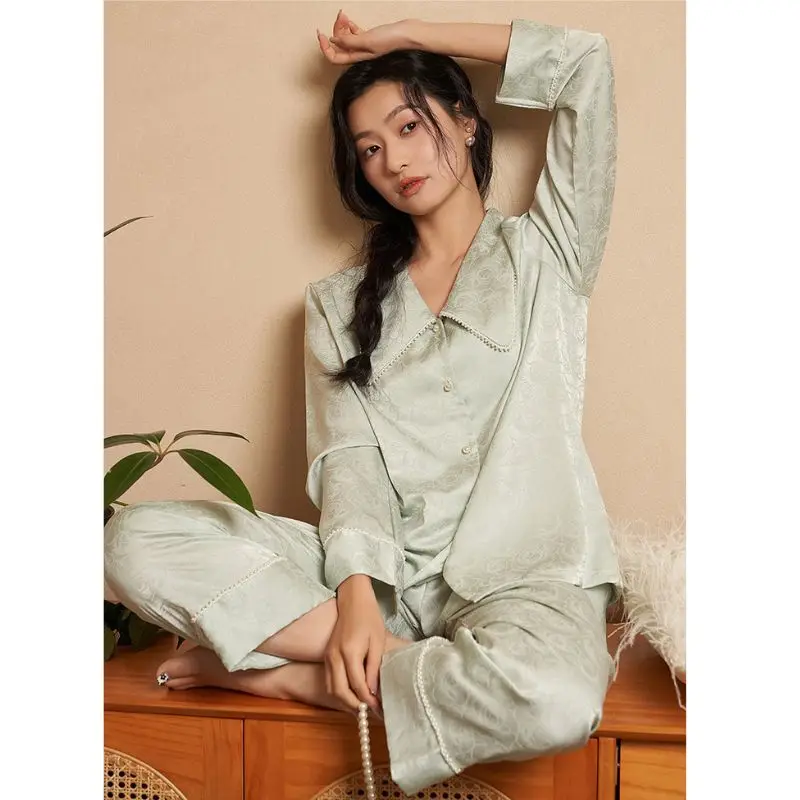 2 Pieces Pearl Neck Jacquard High Quality Pajamas for Women Spring Women\'s Pajamas Set Elegant Ptinting Home Wear Soft Sleepwear