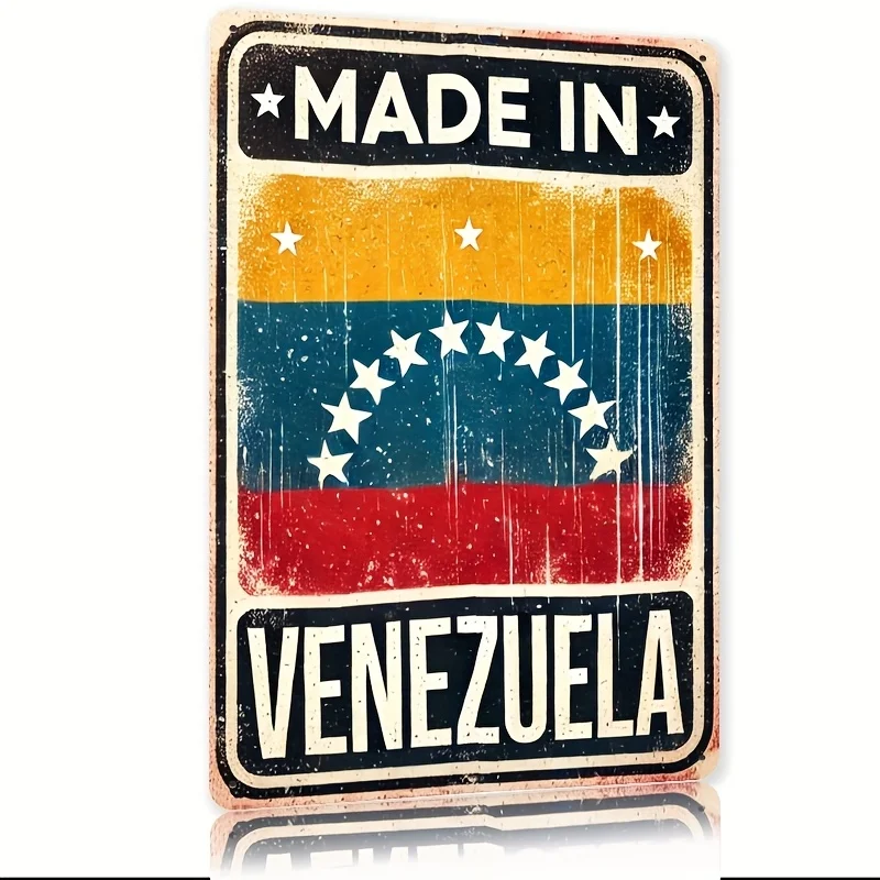 Panneau métallique « Fabriqué au Venezuela » - Design rayé coloré avec étoiles, décoration murale en fer durable pour la maison, le bureau, le bar, le café