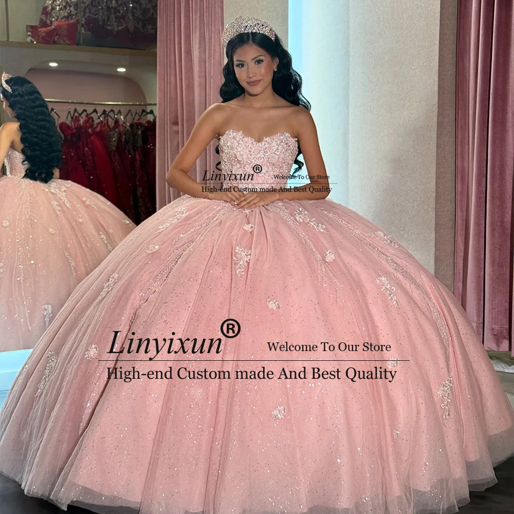 

Элегантные платья Quinceanera с аппликацией без бретелек, блестящие бальные платья из тюля, индивидуальное платье de 15 años 2021, женское платье