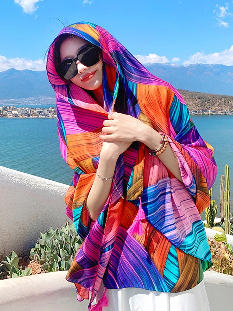 New Summer Elegant Women Silk Scarf Beach Wrap Shawls Chic Sweet Print Lady Sunscreen Bandana Long Hijab Mujer Boho Scarve Pareo