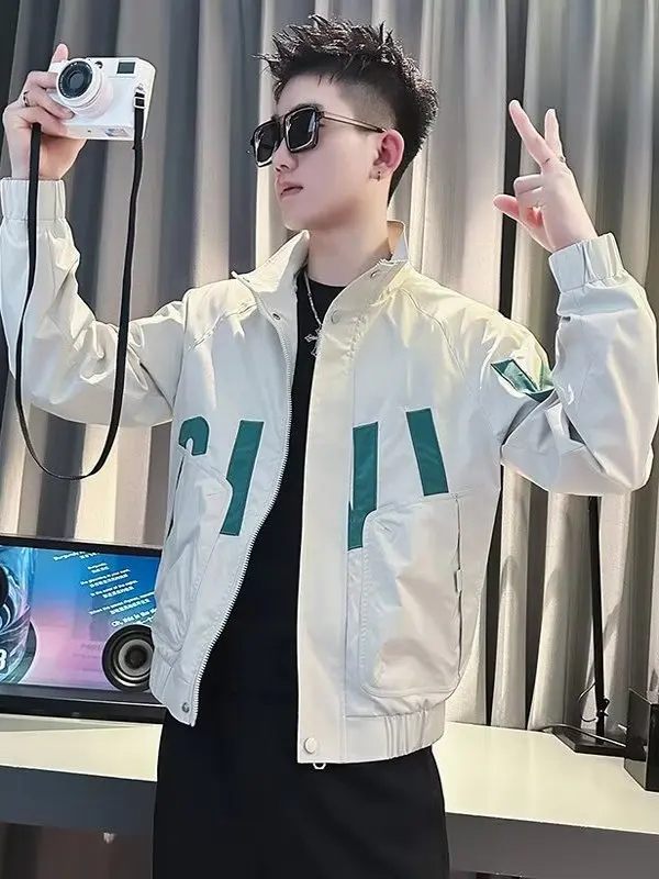 

Sli Men's Spring Autumn Jaet Haome Trendy Color Blo Coat Warmth Youthful Faion Zipper Decoration Stand Fit