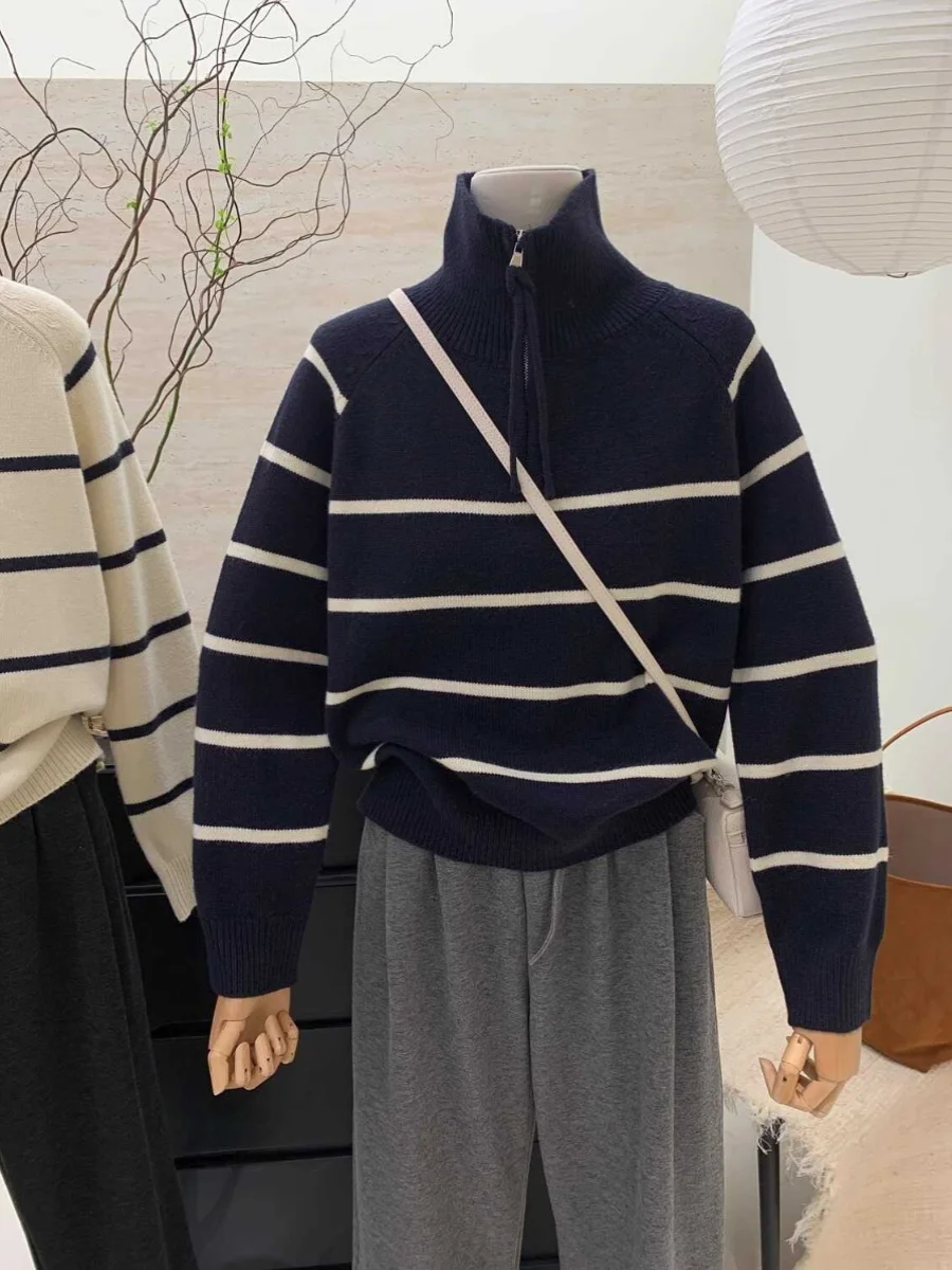 

Thiened f Zip High Collar Striped Sweater Women's Winter Loose Versatile Outerwear Long Sve Casual Top Coat