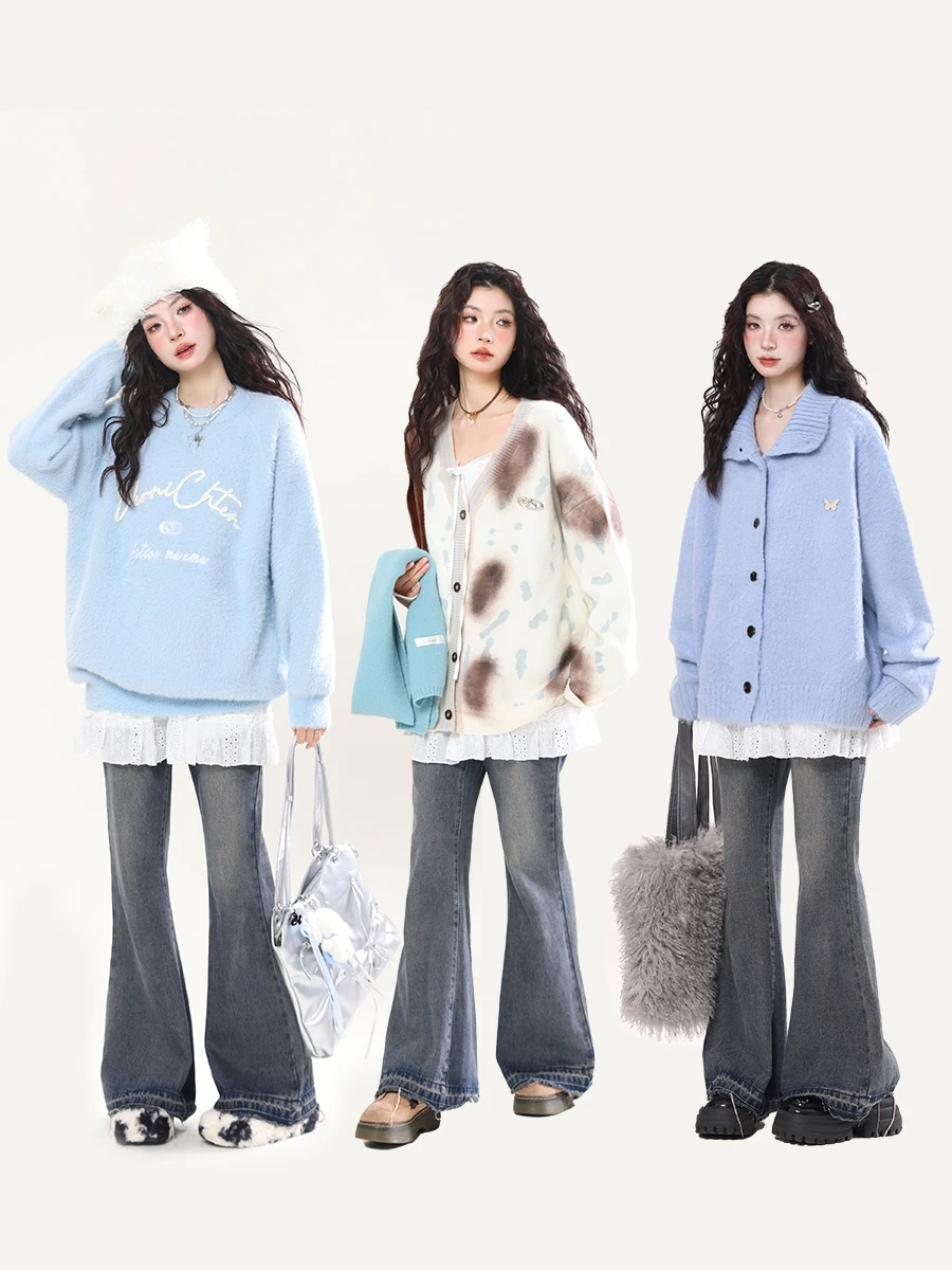 

Облегающие джинсы-колокольчики, женские винтажные американские свободные повседневные длинные брюки, модные универсальные осенние синие джинсовые брюки