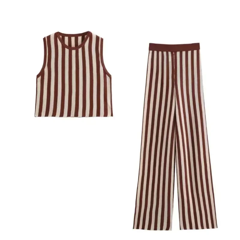 طقم صدرية بدون أكمام مخططة محبوكة ، سراويل كاجوال واسعة الساق ، قمة عصرية ، خليط ، مزاجه جديد ، الخريف ، 2 فضفاض