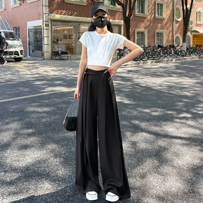 الربيع الصيف الدانتيل متابعة المرأة بنطال ذو قصة أرجل واسعة وشاحات 2025 جديد عالية الخصر جيوب الصلبة عادية فضفاض مستقيم السراويل للمرأة