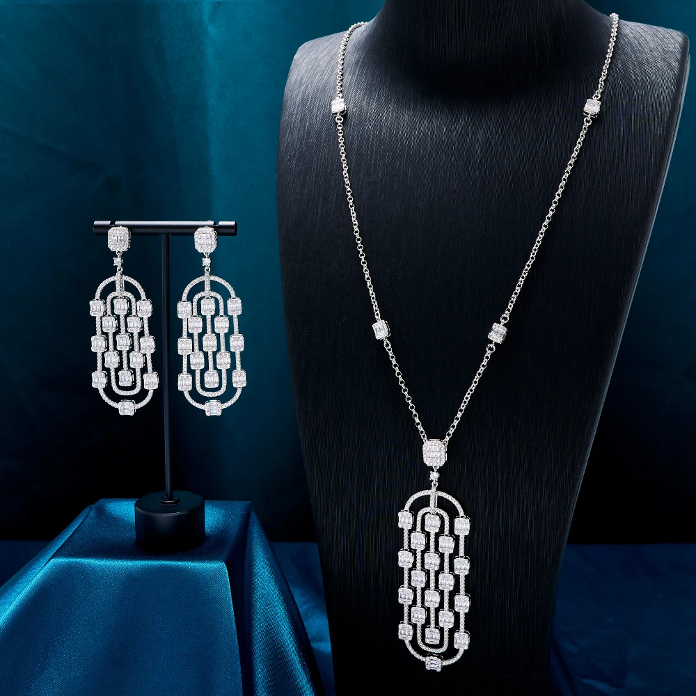 In JEWELIFE Long Necklace Set for Women Cubic Zirconia Bridal Jewelry Geometry Link Stackable Pendant Trendy Sweater Necklace Je