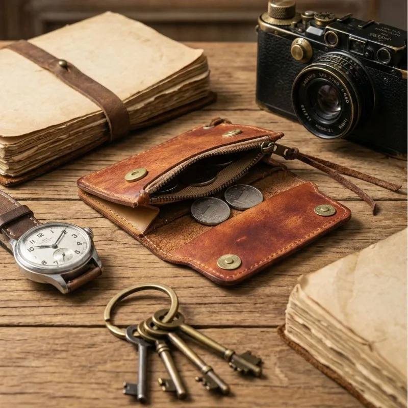 Full Grain Leather Card Holder Wallet Handmade Retro Zipper Coin Purse Magnetic Closure Personalized Engraving