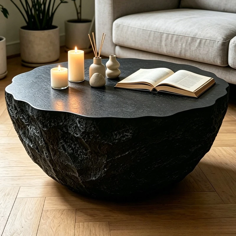Italian minimalist round coffee table household irregular texture simulation stone coffee table